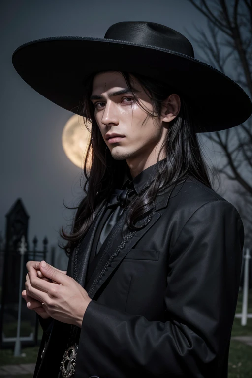 crea un  hombre con piel de muerto , ojeras moradas , sombrero , gabardina , traje de gala , long, tangled black hair in a dark cemetery , con luna llena