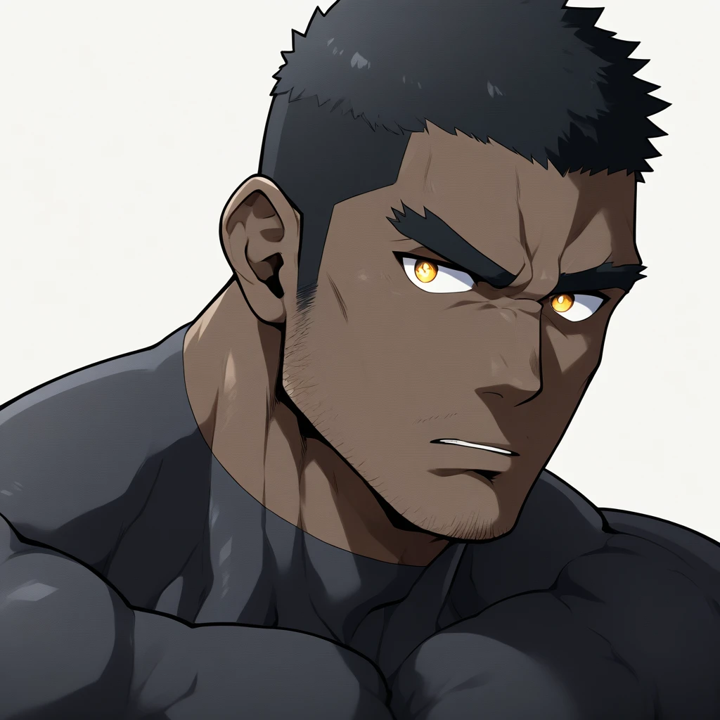 negro, negro, negro, anime characters:Gyee, Muscle Sports Student, negro black skin, 1 muscular tough guy, Manliness, male focus, Dark grey long sleeve tights, Very tight, The pectoral muscles are oversized, Slightly transparent, muscular male, muscular, only, Upper body, alone, Black short hair, Thick eyebrows, stubble, Yellow eyes, White background, simple background, amazing quality, best aesthetics, Ridiculous, bright pupils, crew cut, parted lips, v-shaped eyebrows, jitome, best quality