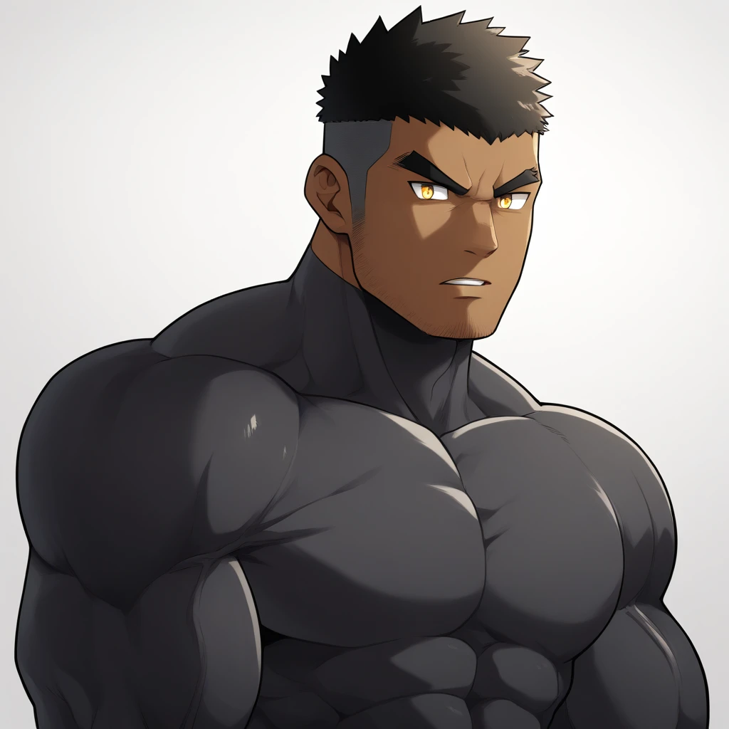 negro, negro, negro, anime characters：Gyee, Muscle Sports Student, negro black skin, 1 muscular tough guy, Manliness, male focus, Dark grey long sleeve tights, Very tight, The pectoral muscles are oversized, Slightly transparent, muscular male, muscular, only, Upper body, alone, Black short hair, Thick eyebrows, stubble, Yellow eyes, White background, simple background, amazing quality, best aesthetics, Ridiculous, bright pupils, crew cut, parted lips, v-shaped eyebrows, jitome, best quality