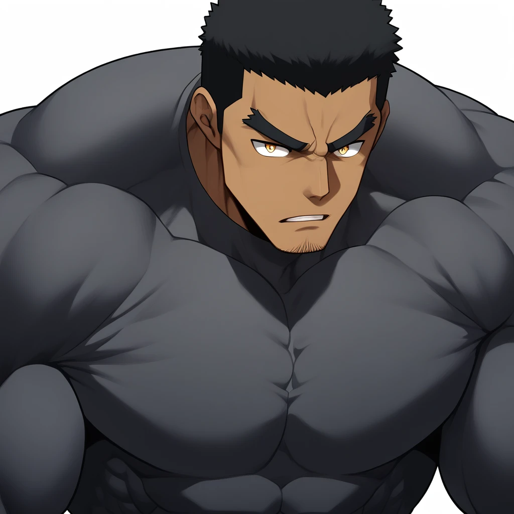 one negro, anime characters:Gyee, Hibino Kafka, Muscle Sports Student, negro black skin, Very Black, 1 muscular tough guy, Manliness, male focus, Dark grey turtleneck tight T-shirt, Regular symmetrical pattern, Very tight, The pectoral muscles are oversized, muscular male, muscular, only, Upper body, alone, Black short hair, Thick eyebrows, stubble, Yellow eyes, White background, simple background, amazing quality, best aesthetics, Ridiculous, bright pupils, crew cut, parted lips, seductive smile, torogao, naughty face, best quality