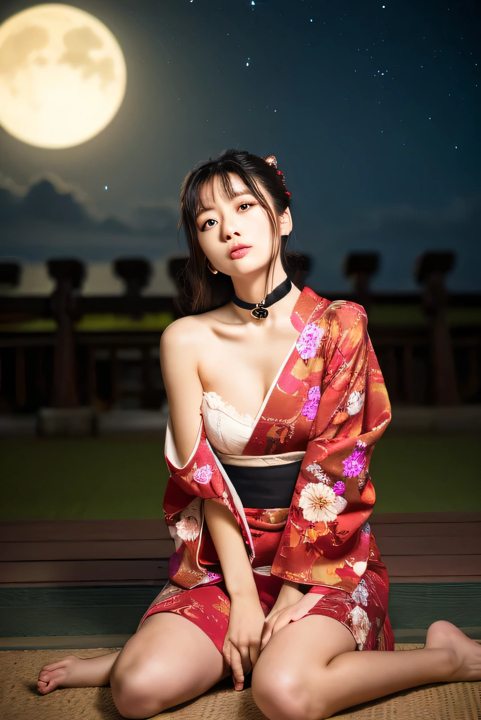 (Photorealistic:1.8, Highest quality:1.8,8K masterpiece:1.8,High resolution,Mastepiece:1.8,RAW Photos,Cinematic lighting)、The World of the Kindaichi Kosuke Series、Japan House、Gokumon Island cover、
Crescent moon background shining in the night sky、A woman wearing a Japanese kimono、（Long Hair、Updo Style、Updo）、(A beautiful and cute orchid-style floral kimono:1.5、choker)、whole body、(Beautiful Face、Beautiful Eyes、lonely、sad、A rich expression)、(One shoulder is bare.:1.3)、Beautiful fair skin、Sit down、Open your mouth a little、Legs visible through the kimono、Weakness Pose、Obscene pose、Place your hands on the floor、barefoot、holding a red rose in hand、Draw a silhouette、leaning against the wall、Please bend your legs、Black Pink Jenny&#39;s pause