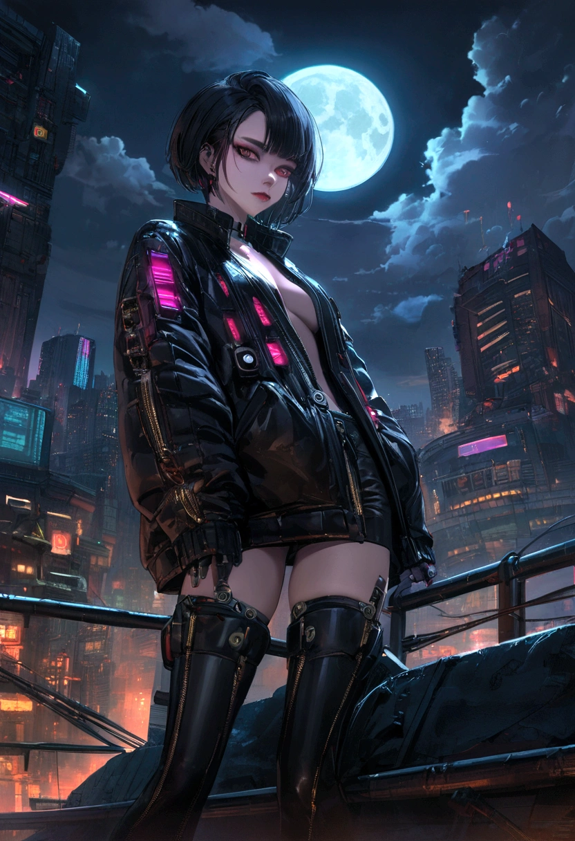 Have the modern technology to operate a laptop、Young vampires, Black Leather, Beautiful Face, Beautiful legs, Black Hair, On the roof, At night, full moon, scattered clouds, cyber implants, cyber punk, detailed, Blade Runner, Digital Painting, 4K UHD, City Boss