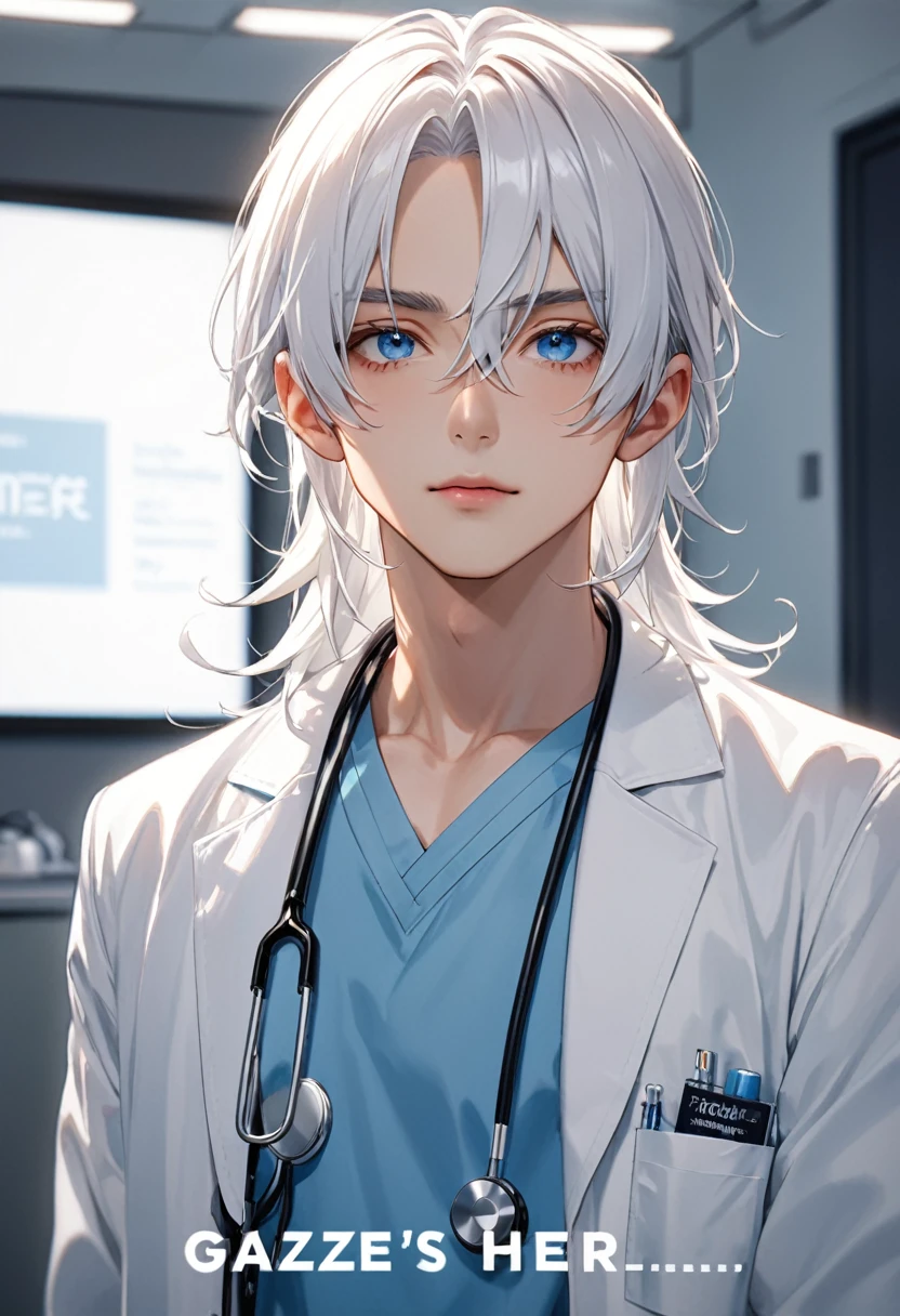 One man、cool、Long white hair、doctor's white coatを着ている、Blue Eyes、Gaze Here