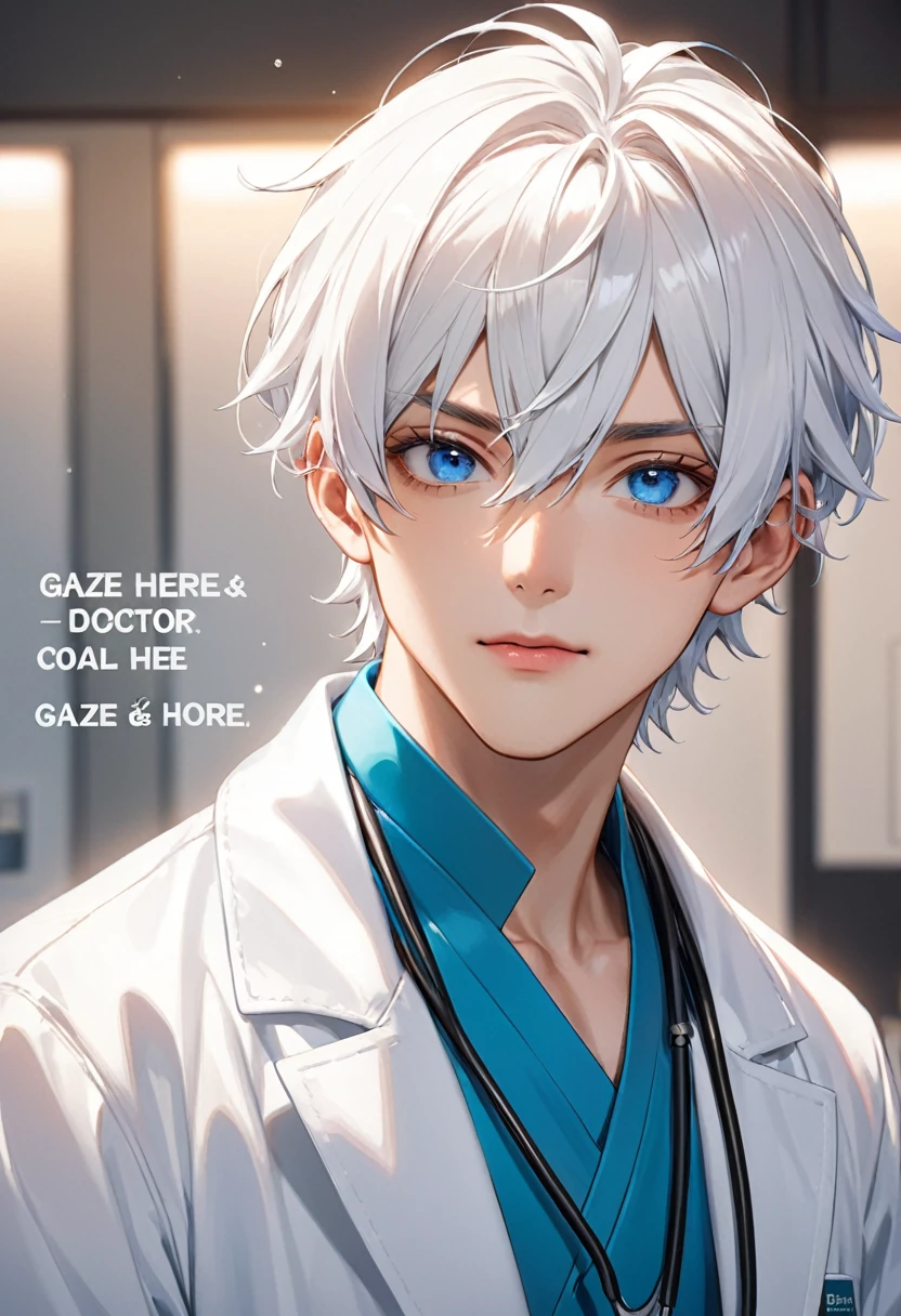One man、cool、Long white hair、doctor's white coatを着ている、Blue Eyes、Gaze Here