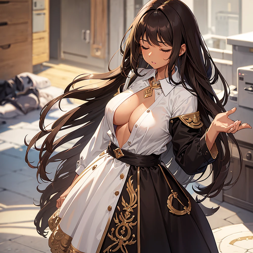 a brunette girl with brown skin, dark brown hair, medium hair, wavy hair with platinum blonde highlights and a styled fringe hair bang, With her eyes closed, covering her big breasts while her dress shirt unbuttons 