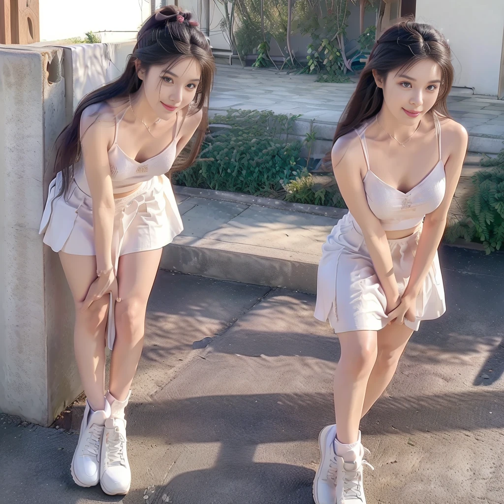 (a girl pretty girl with perfect figure), (Short flared dress), (white bra), (strapless dress), (cotton spaghetti-strap top :1.2), ((Hem full flared dress)), (midi(32K,1 20-year-old girl, The light from the rear window is backlit, Ray traching), (full body), (white sneakers), (a pair of white leather boots, highly detailed boots), (hair black), (two-parted hair :1.3), (very thick hair), (hands close to the body), (Slender chest), (visible shoe sole :1,5), (short upper chest :1.5), (pectoral muscles are large :1.5), (upper breasts are firm and round :1.5), (stretches chest stretching), (stand upright), (two shoe ends), (two shoe toes) ,(put on blush), (apply powder), (makeup), (standing), (asian girl princess), (Oversized T-shirt with excess fabric when tucked into a skirt), (seamless skirt), (long shins) , (big shins), (A hem full flared skirt)