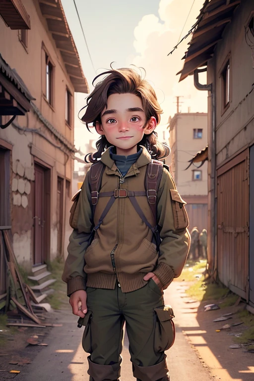 BOY, Long eyelashes, mischievous grin, very tousled brown tousled long hair, Brown sweatshirt, brown military trousers with patch pockets, massive high infantry boots, backpack, curiosity, big brown eyes, in a Soviet abandoned urban village,  8 k, Super Detail, accurate, Best quality, masterpiece, high detail