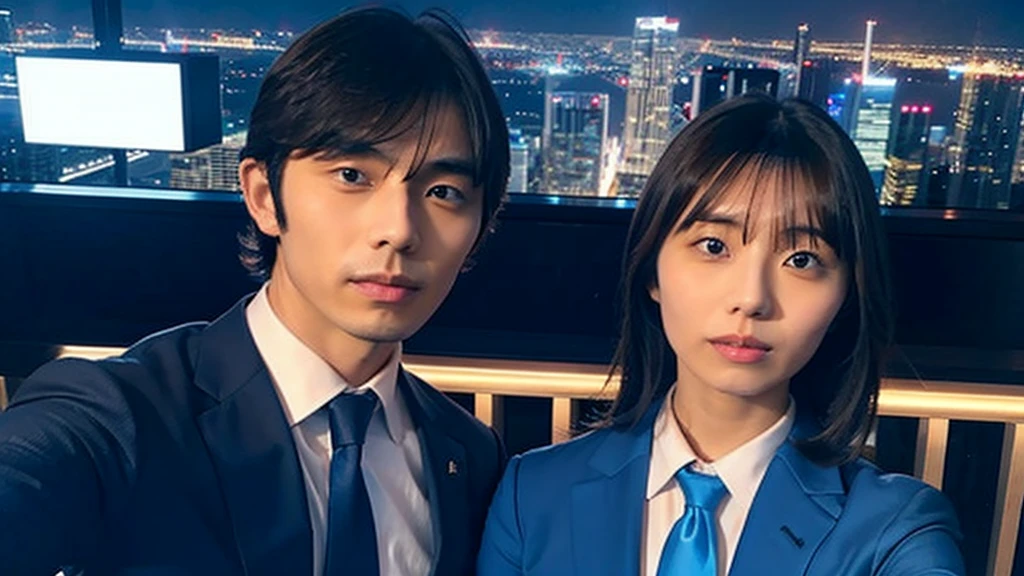Kikuchi Hina takes a selfie of herself and a man with long bangs, Night view from skyscrapers, Blue suit and tie