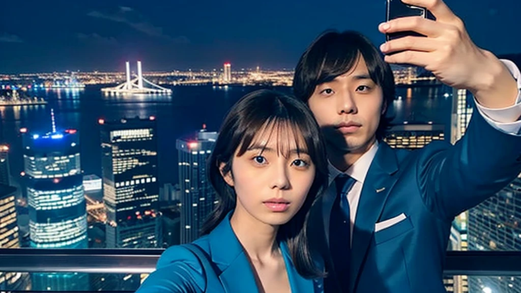 Kikuchi Hina takes a selfie of herself and a man with long bangs, Night view from skyscrapers, Blue suit and tie