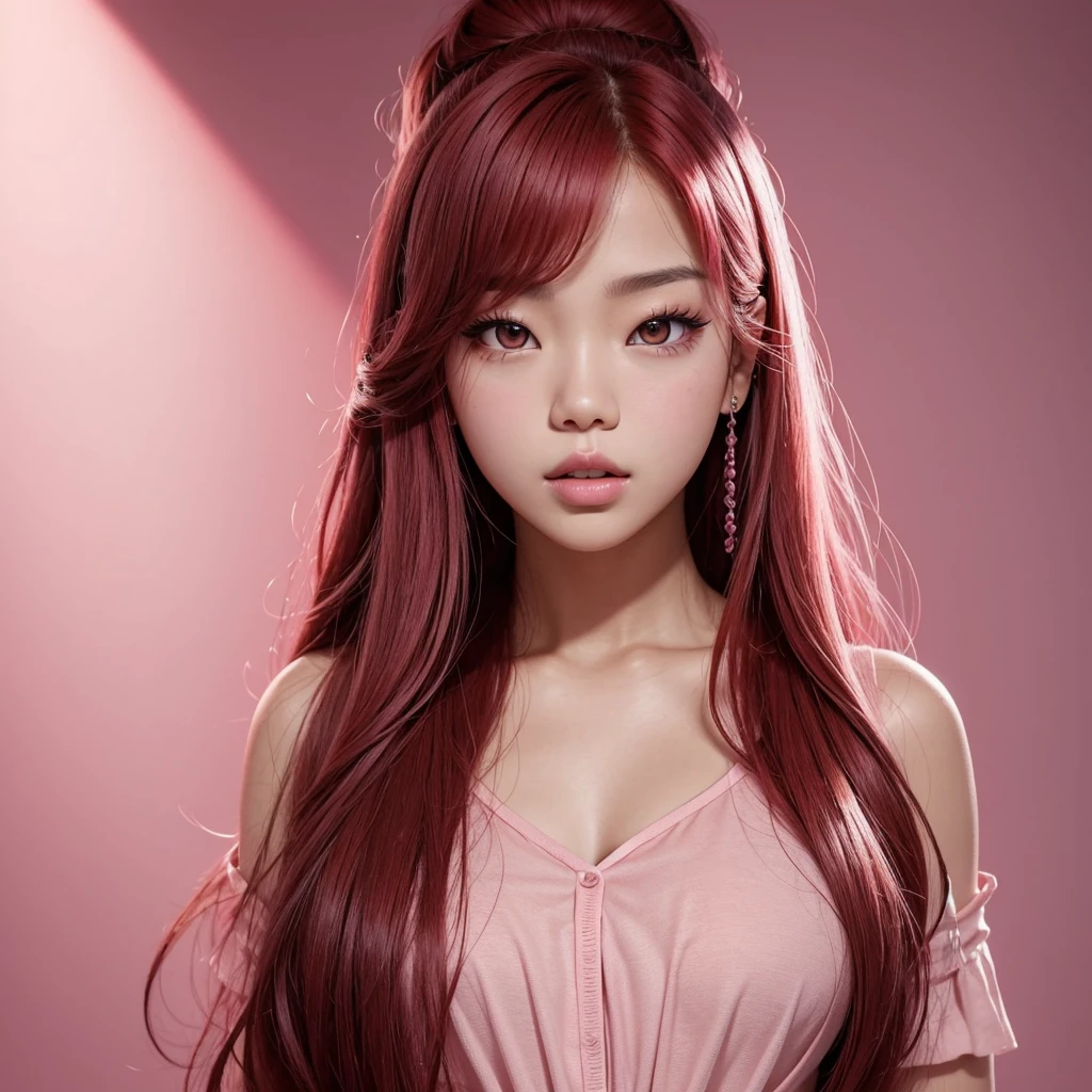 glowing skin, lips, sacimaer detailed skin, Beautiful face and detailed pink eyes, Spotlight, professional lighting, 1 girl, Alone, long hair, wearing a colorful outfit, natural pose, lips, indoor, realistic, I want the whole image be created, face and body of blackpink's Jennie kim with red hair and in four places with different poses doing random things taking selfies, selca format in the city