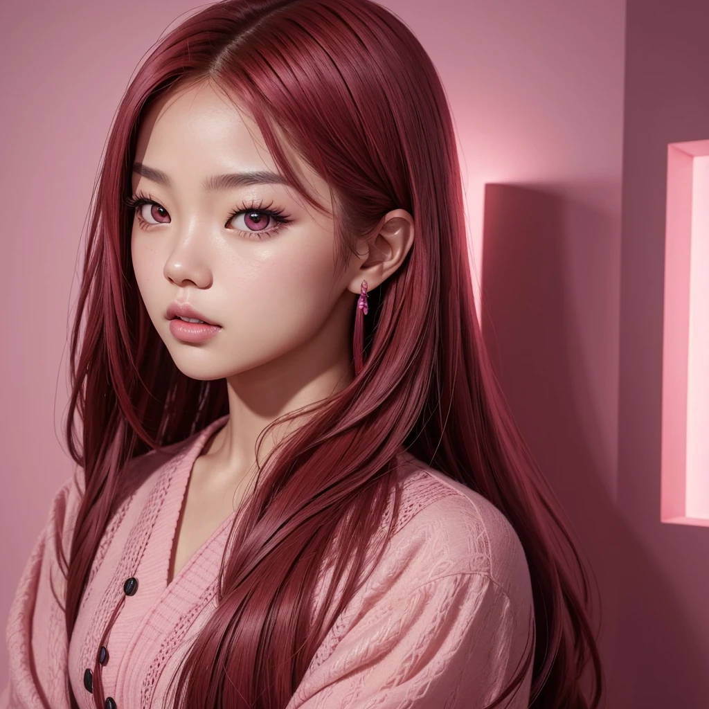 make a banner of a woman with: glowing skin, lips, sacimaer detailed skin, Beautiful face and detailed pink eyes, Spotlight, professional lighting, 1 girl, Alone, long hair, wearing a cute outfit, natural pose, lips, indoor, realistic, I want the whole image be created, face and body of blackpink's Jennie kim with red hair and in four places with different poses doing random things on a background of some rosy place It can be a completely pink background like a wall