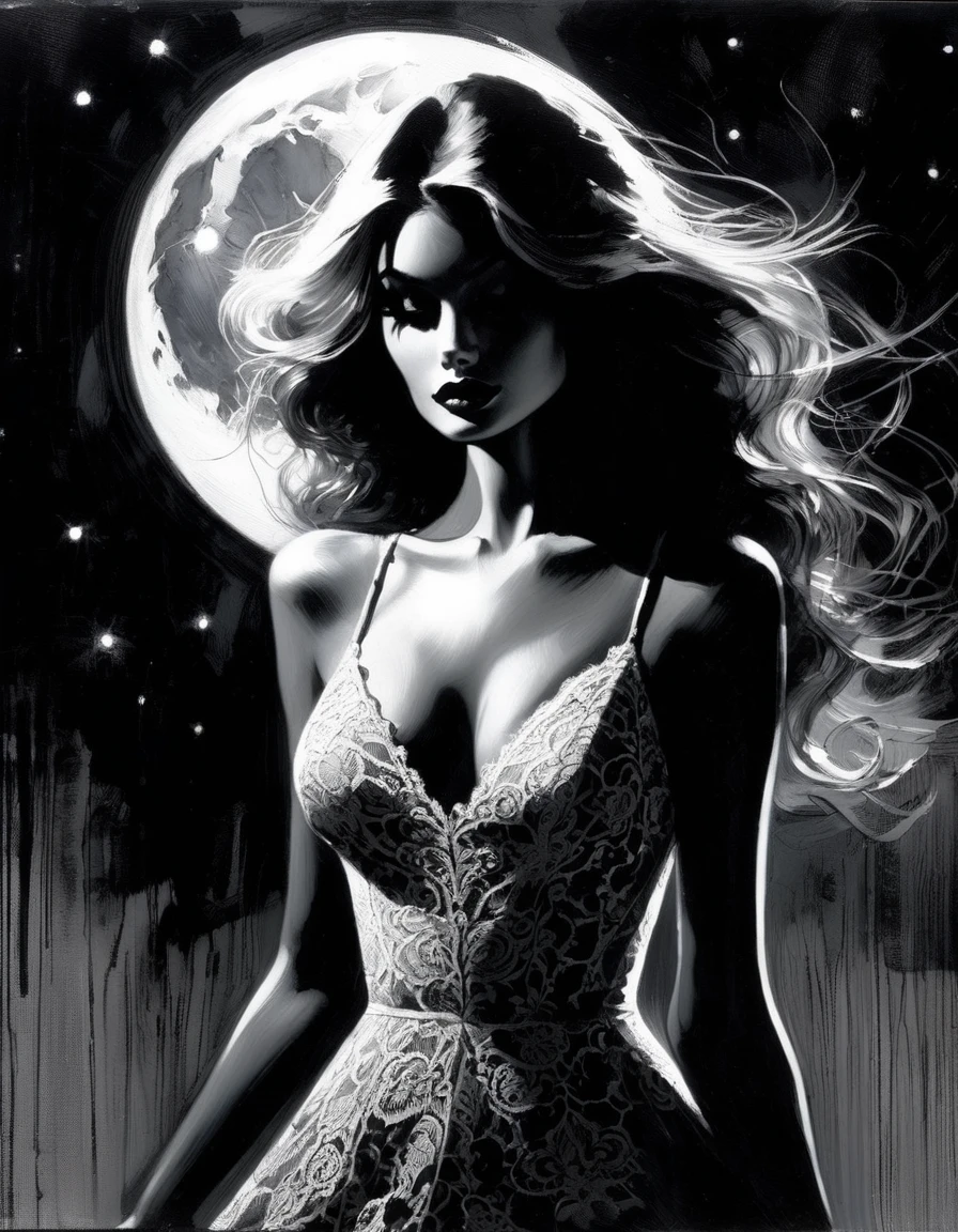 the sexy girl and the half moon, night, lace dress black and white image( art inspired by Bill Sienkiewicz, oil painting)