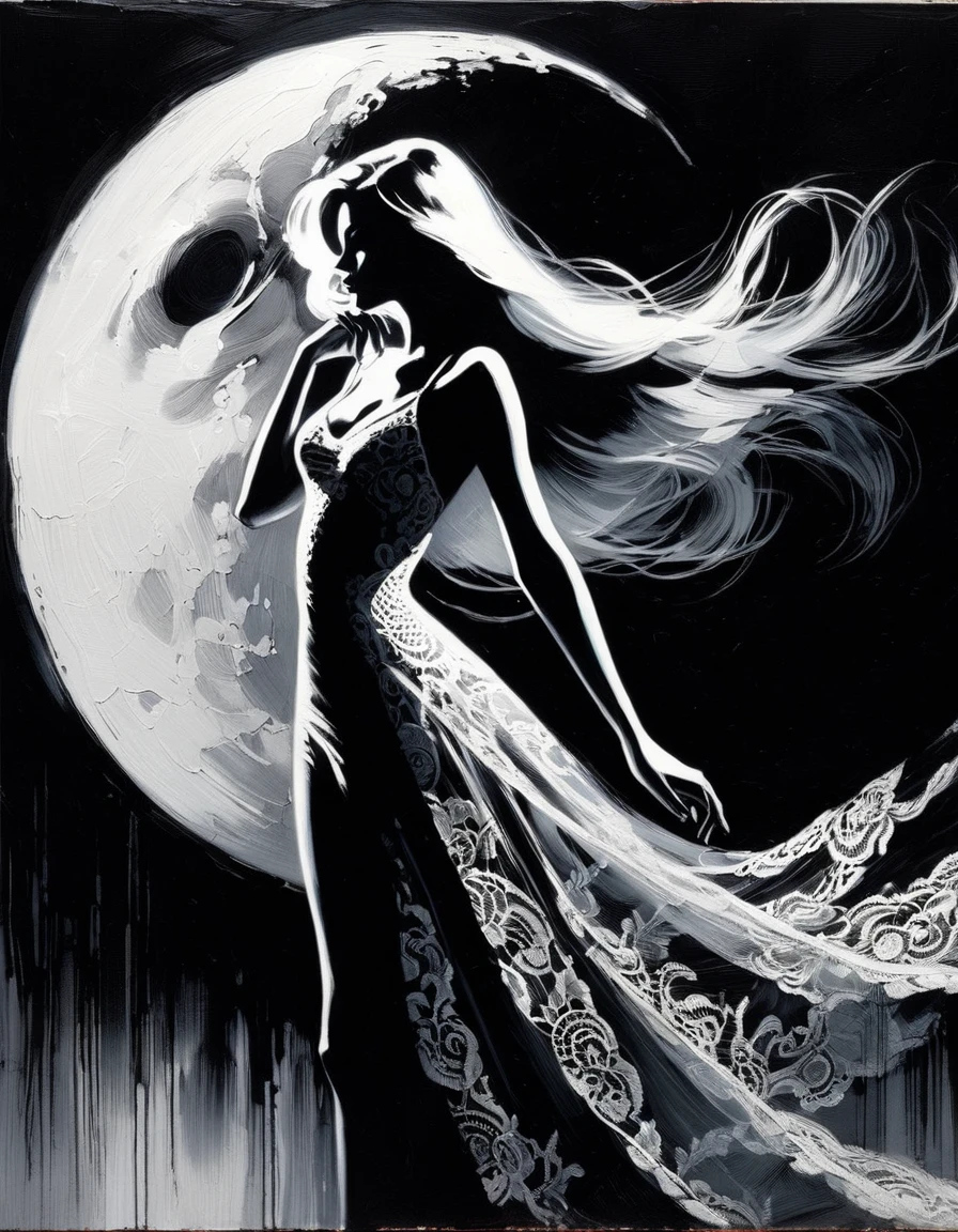 the sexy girl and the half moon, night, lace dress black and white image( art inspired by Bill Sienkiewicz, oil painting)
