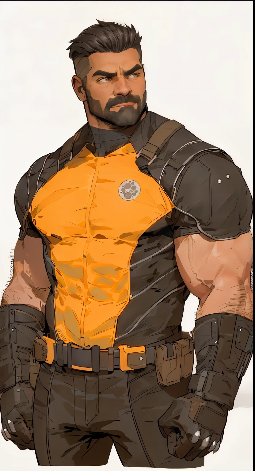 Masterpiece, Best Quality, Ultra-Detailed, 1man, solo, male focus, bear-like, muscle, mature, athletic, perfect face, rugged look, facial hair, beard, stubble, nose bridge, big eyes, amber eyes, reflection in eyes, heavy brow, closed lips, thin lips, short hair, undercut, by the - artist - of - the - day on devite, invincible character, comic book character, black armor with yellow accents,