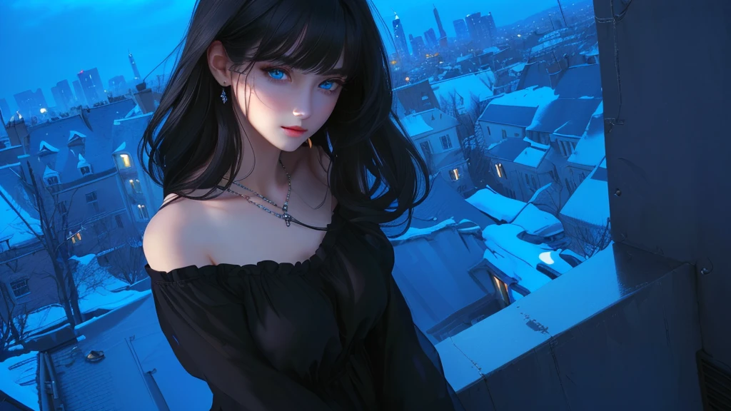 ultra-detailed, beautiful eyes, detailed eyes, detailed face, ultra-detailed, beautiful eyes, woman in black casual, Woman in casual, black, loose-fitting, Beautiful face gnawing strength, casual clothing with blue eyes standing on a rooftop overlooking the city, master piece, best quality, high resolution, 16k