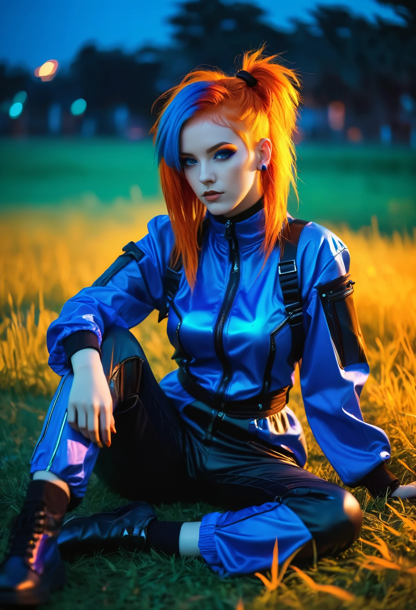 Orange hair girl, Wearing blue cyberpunk clothing, On the colorful grass, night