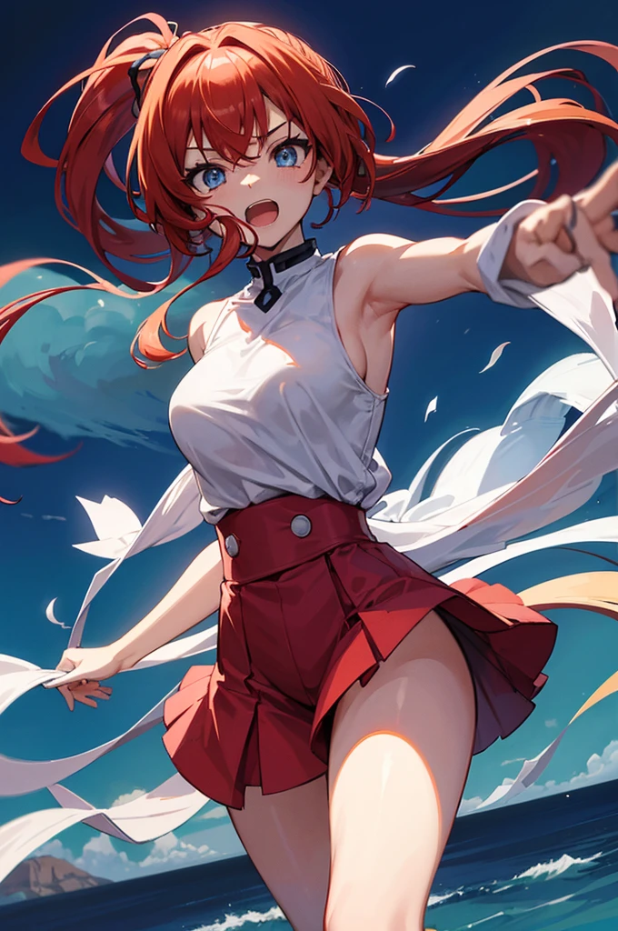 Imagine Asuka, the character from Evangelion, but instead of her characteristic red hair, she has silver hair that shines like the moon on a clear night. Her hair flows freely, each strand capturing and reflecting light, creating an almost ethereal effect.She is very short dressed in light clothing. The fabric is soft and flows with every movement she makes, like a gentle breeze on a summer day. You can feel the texture of the fabric, soft like silk but cool to the touch.The style of the image is similar to 90s anime, which gives it a nostalgic touch. The colors are vibrant but not overwhelming, and there is a balance between shadows and lights that gives depth to the image.Asuka is in a pose that highlights her beauty. Her body is slightly tilted, and you can see the grace and strength in her posture. Her facial expression is of surprise, her blue eyes are wide open and her mouth is slightly open. You can almost hear her exclamation of surprise.The image is very sexy an sensual