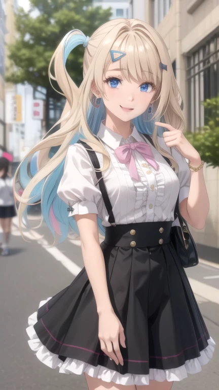 (masterpiece, best quality), ShirakawaRuna, 1girl, blonde hair, multicolored hair, bangs, one side up, long hair, blue eyes, hairclip, jewelry, earrings, medium breasts, frills, puffy sleeves, puffy short sleeves, suspenders, frilled skirt, pink skirt, smile, blush, looking at viewer,