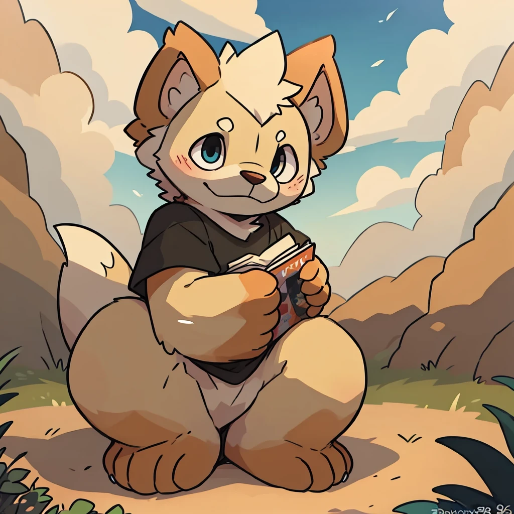 schoolboy,8 year-old,geowlithe pokemon,shaggy,Animal ear,Animal fur,Hairy all over,Animal paws,large ear,adolable,kawaii,Fluffy tail,Yellow fur,Comic book style,Wearing a T-shirt, sit,in the kindergarden, Detailed background,with blue sky and white clouds,tmasterpiece,by Zeeta96829, By Donkeyramen, By wfa