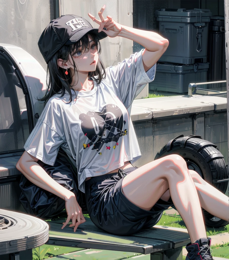 whole body, perfect anatomy, anatomically correct, beautiful girl, big tits, medium hair, black hair, tearful mole, earring, baseball cap, black T-shirt, cargo shorts,