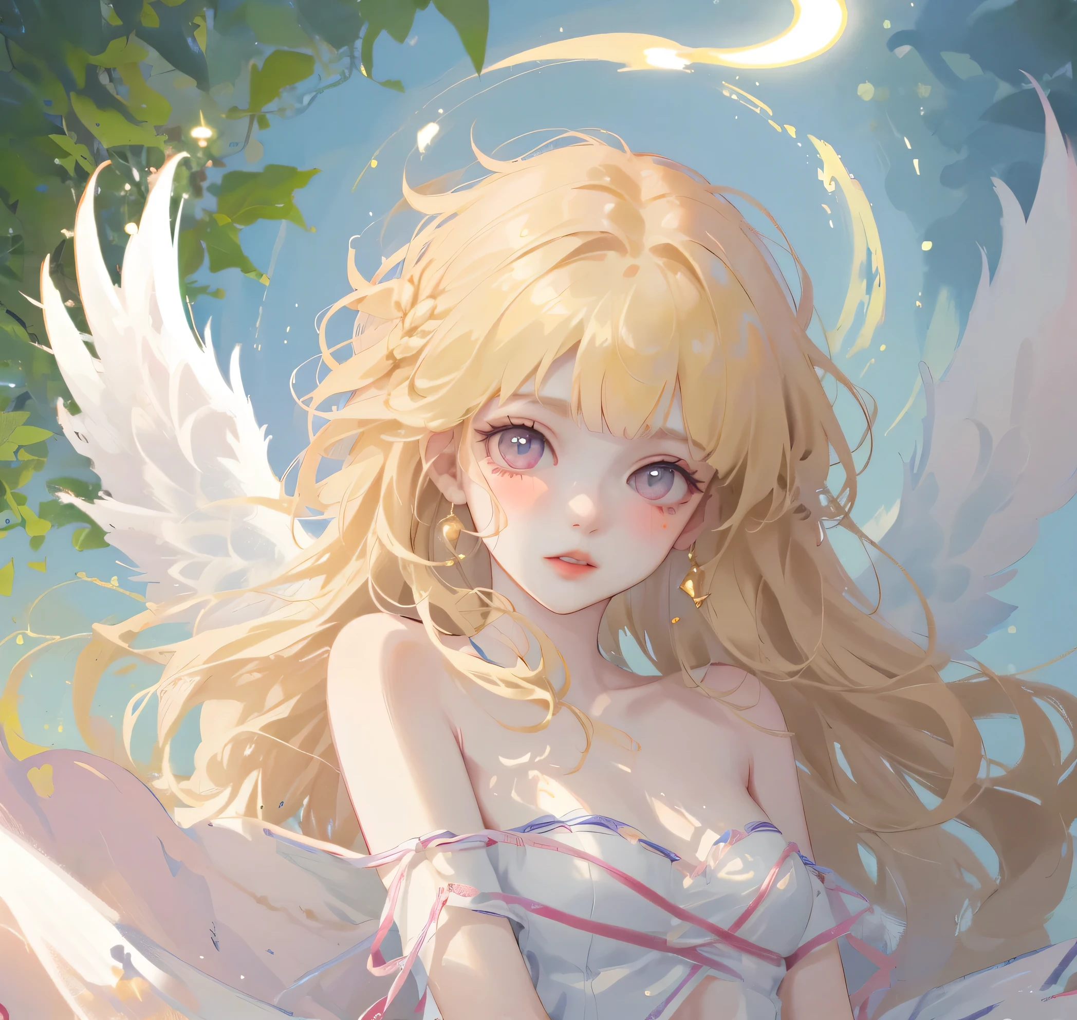 (High quality) (best quality) (A woman) (correct physiognomy) woman, long blonde hair with bangs on her forehead, four small angel wings emerge from her head, two on the left side and two on the right side, two wings of angel emerging from her back, a golden halo behind her head, golden eyes, sensitive lips, feminine appearance, soft facial features, thin eyebrows, soft skin, slightly blushed cheeks, pink lips, silky eyelashes, dreamy expression, middle age , white dress with straps on the shoulders, skirt cut diagonally leaving one leg exposed, location of the photo the woman must be in the middle of the forest, photo illuminated by sunlight, full body proportion, showing in the photo the body from head to torso