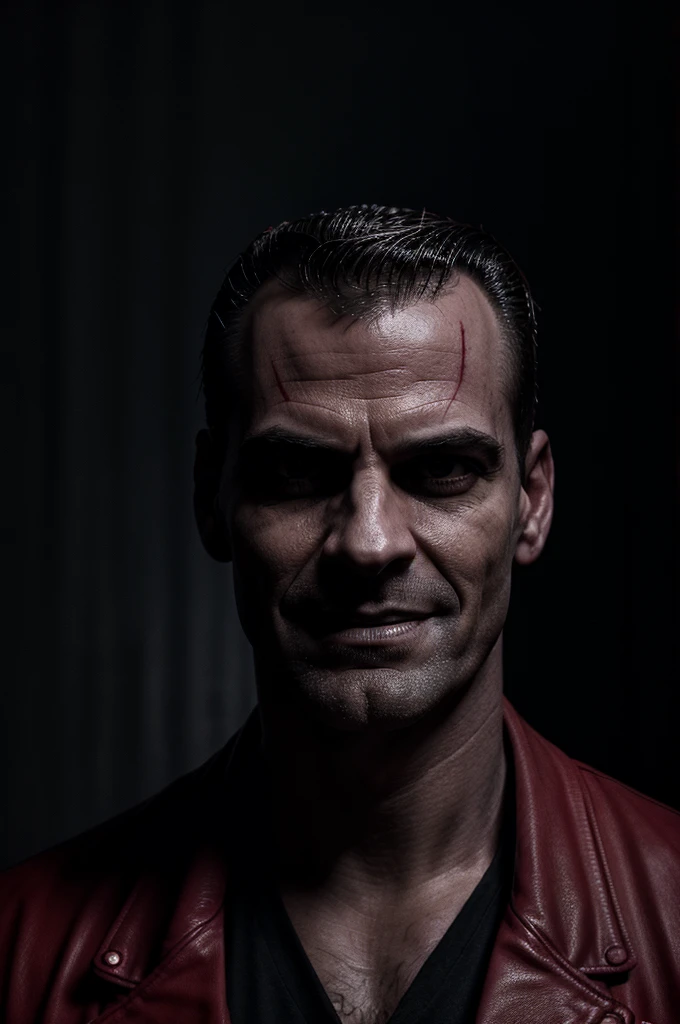 A serial killer with a sinister smile, 1980s nightclub in Brazil, neon lighting, blood-red color palette, dark shadows, ominous atmosphere, gripping tension, high contrast, chiaroscuro lighting, intense gaze, leather jacket, slicked-back hair, menacing presence, photo-realistic, 8k, masterpiece, cinematic, dramatic lighting