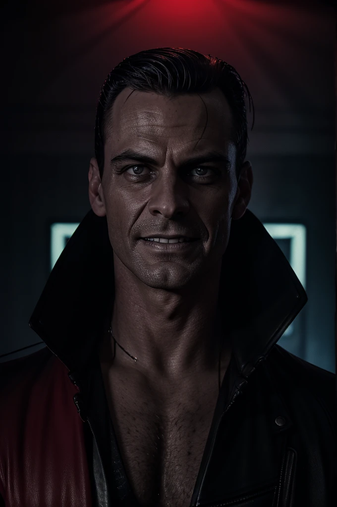 A serial killer with a sinister smile, 1980s nightclub in Brazil, neon lighting, blood-red color palette, dark shadows, ominous atmosphere, gripping tension, high contrast, chiaroscuro lighting, intense gaze, leather jacket, slicked-back hair, menacing presence, photo-realistic, 8k, masterpiece, cinematic, dramatic lighting