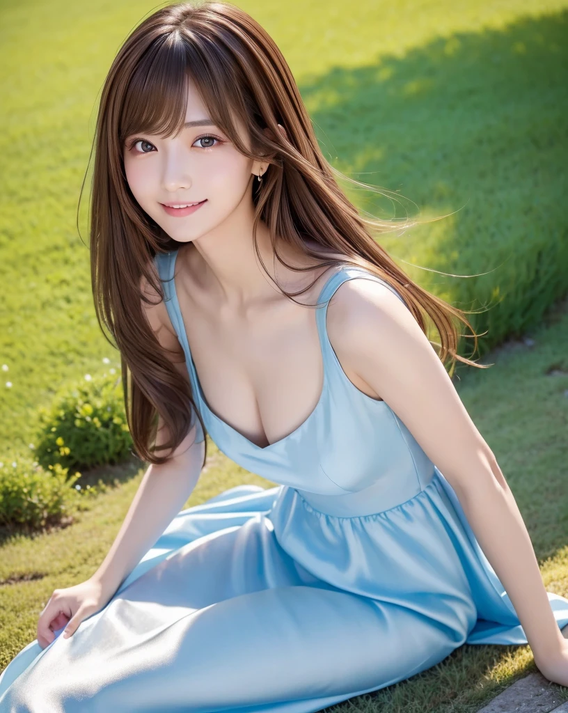 (Highest quality, 32k, High resolution, Masterpiece:1.5), marimo_jet, god々A photograph with brilliant dazzling and healing power., Evoking a sense of calm and elusive beauty, Expressing emotions, Have a rich imagination,Beautiful Japanese Girls, An exceptionally beautiful face, Small Face Beauty, Perfect Human Anatomy, Magical big eyes, Motherhood and generosity, Deep Love, fleeting smile, ((Shiny brown hair:1.1)), Super Long Straight Silk Hair, Asymmetrical bangs, Hair between the eyes, Transparent, soft white skin, Sharp eyebrows, Thin lashes, Natural Makeup, Cheek highlighter, Pale pink detailed lips, ((Blue dress:1.2)), High resolutionの完璧な鎖骨, High resolutionの美しい胸元, Slim figure with ample breasts, High resolutionの美しい太もも, Beautiful legs, ((On the hill in spring:1.3)), Sitting on a green meadow, ((Absolute area:1.6)), Dazzling sunlight, blue sky, White cloud, Professional Lighting, Professional photographer, Professional models, god秘的
