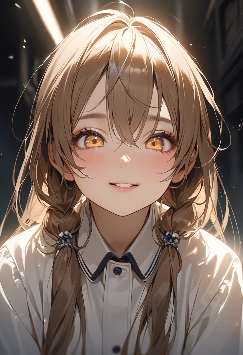 masterpiece, upper bpdy shot, 12-year-old 1loli、independent、Look forward、Light eye makeup、Brown Hair Color、flat 、Hair blowing in the wind、Quality of actress、Shiny, Ultra-realistic faces、smile、Watery eyes、look up、Soothing lighting effects、 Ultra-Realistic Capture、Very detailed、High resolution 16k human skin closeup。Skin texture must be natural、Must be so detailed that pores are visible、skin is healthy、Must be of uniform tone、Use natural light and color、High quality photos taken by modeling agencies'Exclusive photographer、smile, loose and light weight knitwear, shoulder out, cleavage of the breasts