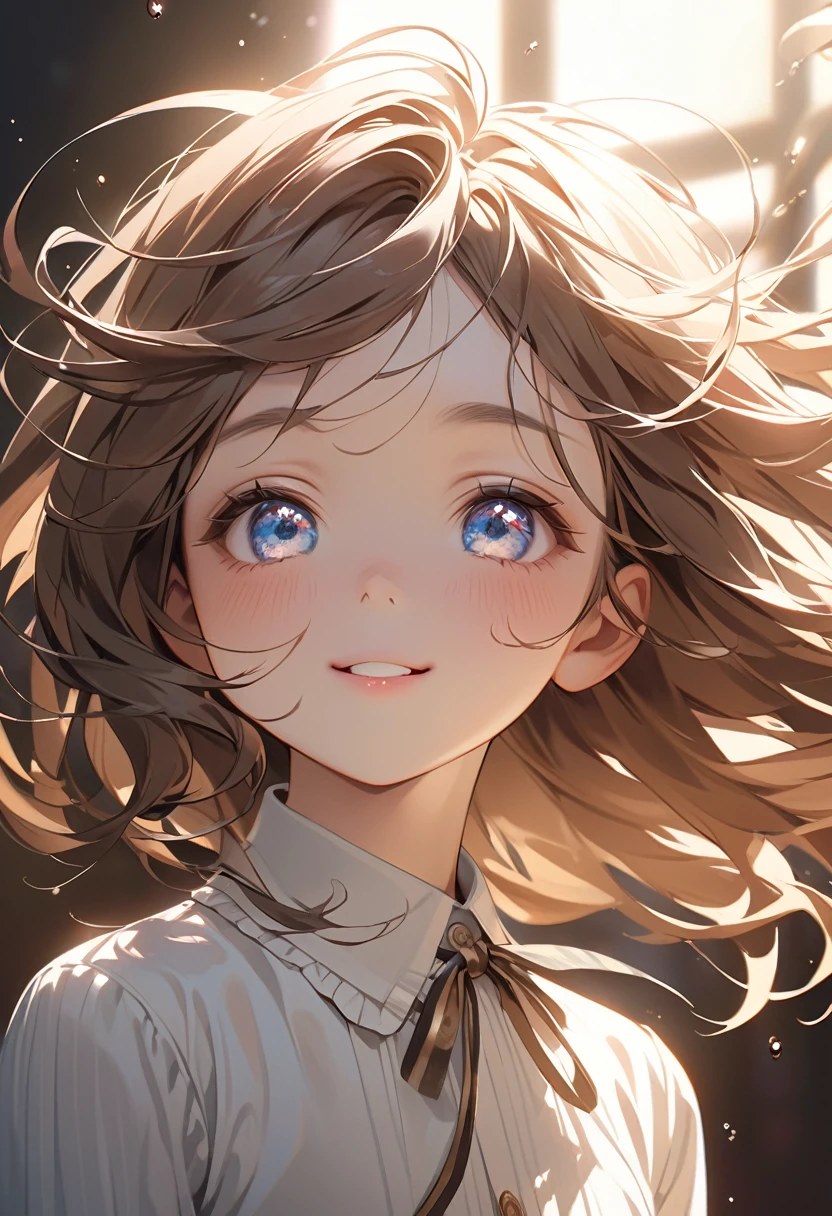 masterpiece, upper bpdy shot, 12-year-old 1loli、independent、Look forward、Light eye makeup、Brown Hair Color、flat 、Hair blowing in the wind、Quality of actress、Shiny, Ultra-realistic faces、smile、Watery eyes、look up、Soothing lighting effects、 Ultra-Realistic Capture、Very detailed、High resolution 16k human skin closeup。Skin texture must be natural、Must be so detailed that pores are visible、skin is healthy、Must be of uniform tone、Use natural light and color、High quality photos taken by modeling agencies'Exclusive photographer、smile, loose and light weight knitwear, shoulder out, cleavage of the breasts