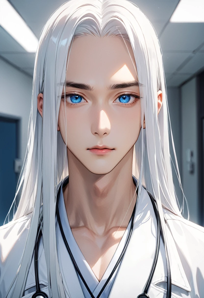 One man、cool、Long white hair(Straight Hair)、doctor's white coatを着ている、Blue Eyes、Gaze Here