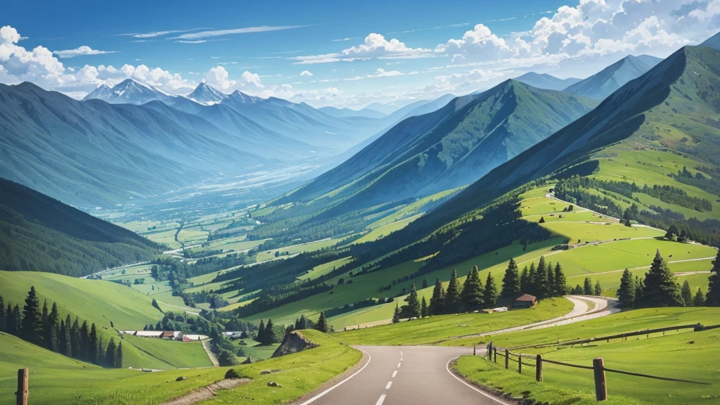 A painting of a mountain landscape with a road going through it landscape, anime style, countryside, with mountains and clouds in the background.