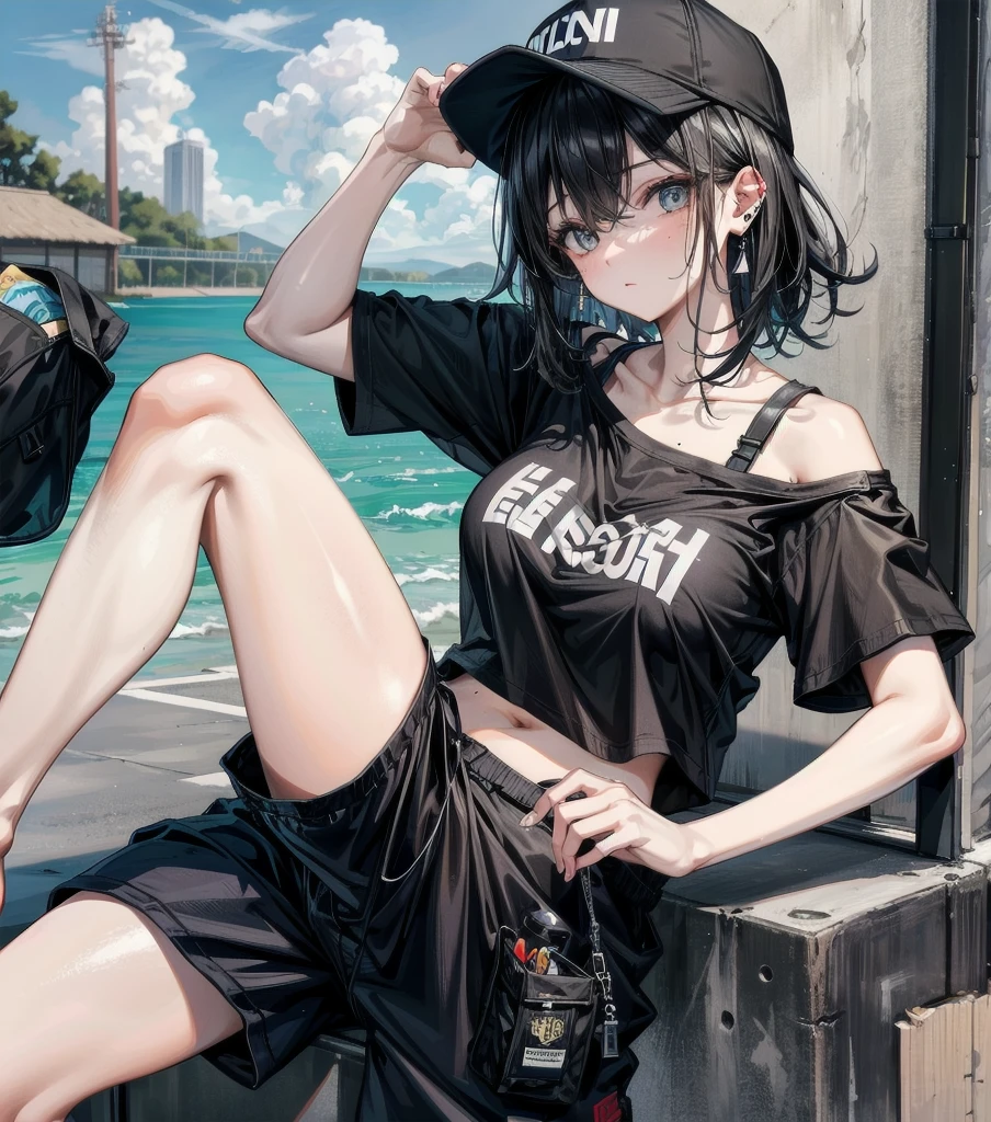 whole body, girl, big tits, medium hair, black hair, tearful mole, earring, baseball cap, black T-shirt, cargo shorts,