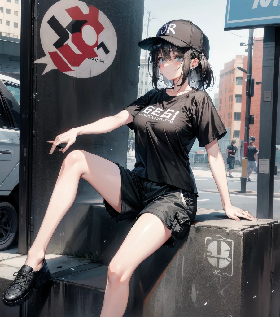 whole body, girl, big tits, medium hair, black hair, tearful mole, earring, baseball cap, black T-shirt, cargo shorts,