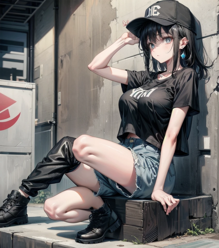 whole body, girl, big tits, medium hair, black hair, tearful mole, earring, baseball cap, black T-shirt, cargo shorts,