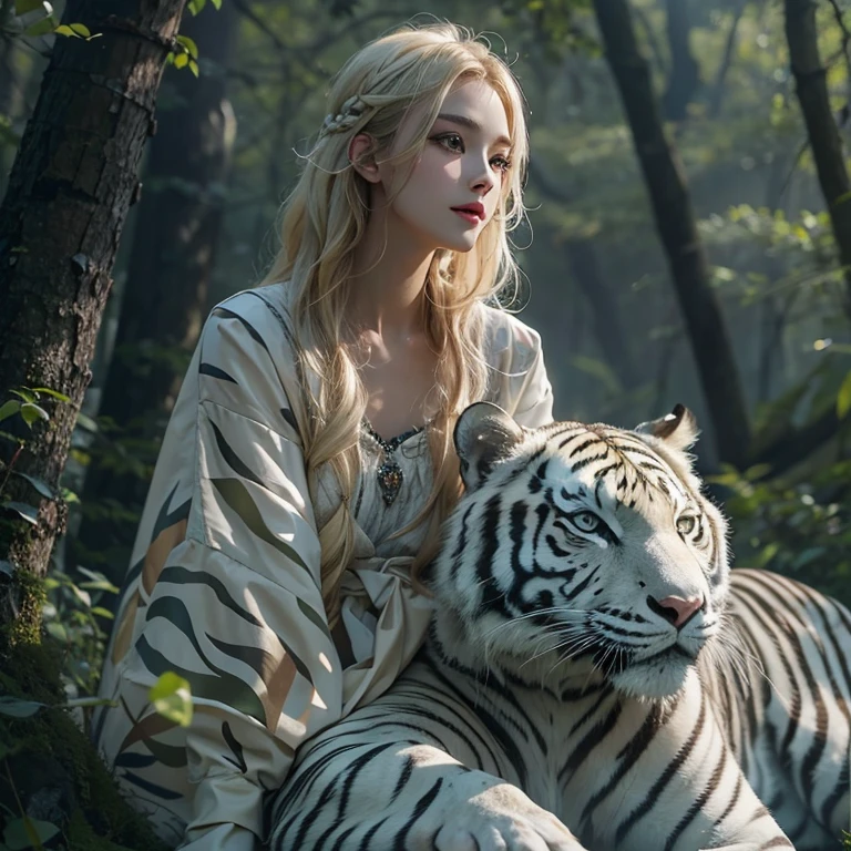 Standing in the forest、Hair flow、 ((Highest quality、masterpiece、8k、Best image quality、Ultra-high resolution、Award-winning works)、(Accurate anatomy:1.1)、(Look at me and smile:1.1)、Shining fair skin with Ultra-high resolution、The most detailed face、Ultra-high resolution detailed face、Ultra-high resolutionのblond hair、(Ultra-high resolution eye:1.1)、Beautiful face drawn in every detail、Traditional Russian costume , Chest to chest, Strange atmosphere, Next to him stands a real white tiger, Dark Light, in the forest , Heavy makeup