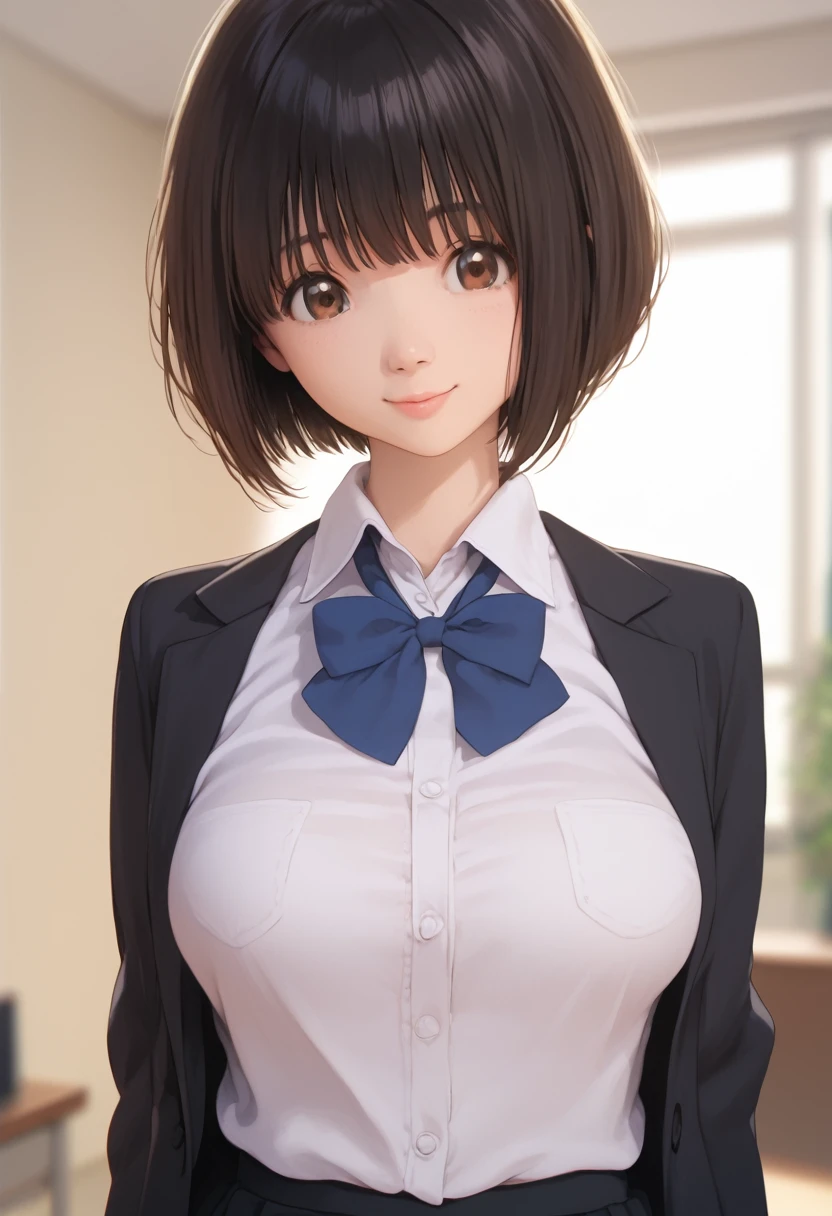 score_9,score_8_up,score_7_up,masterpiece,best quality, source anime, photorealistic, super detailed, extreme detailed, rating_explicit, 
1girl, standing, upper body, (close-up face:1.3),
BREAK girl, 22yo, short hair, bob cut, (full bangs), black hair, (tareme, detailed cute brown eyes), (large breasts:0.9), 
slender, small ass, slim legs,
white collared shirt, black jacket, black tight mini skirt,
smile,
office,