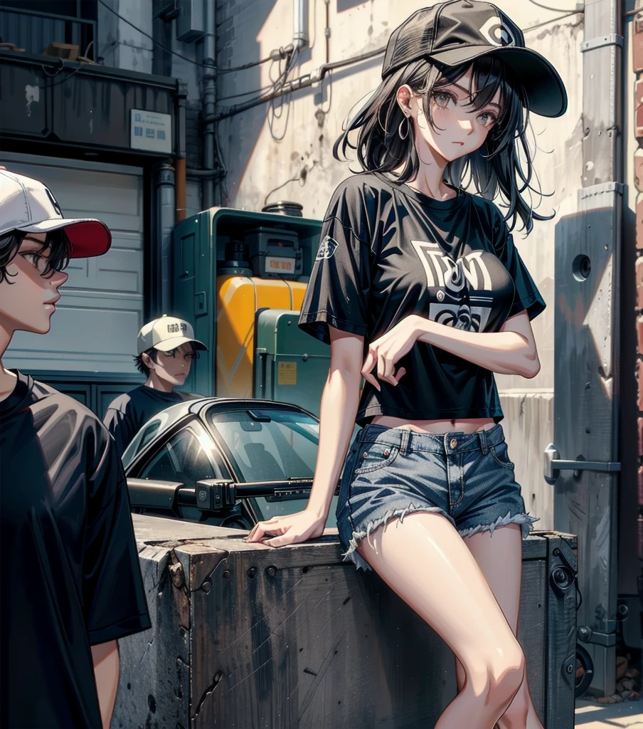 whole body, girl, big tits, medium hair, black hair, tearful mole, earring, baseball cap, black T-shirt, cargo shorts,
