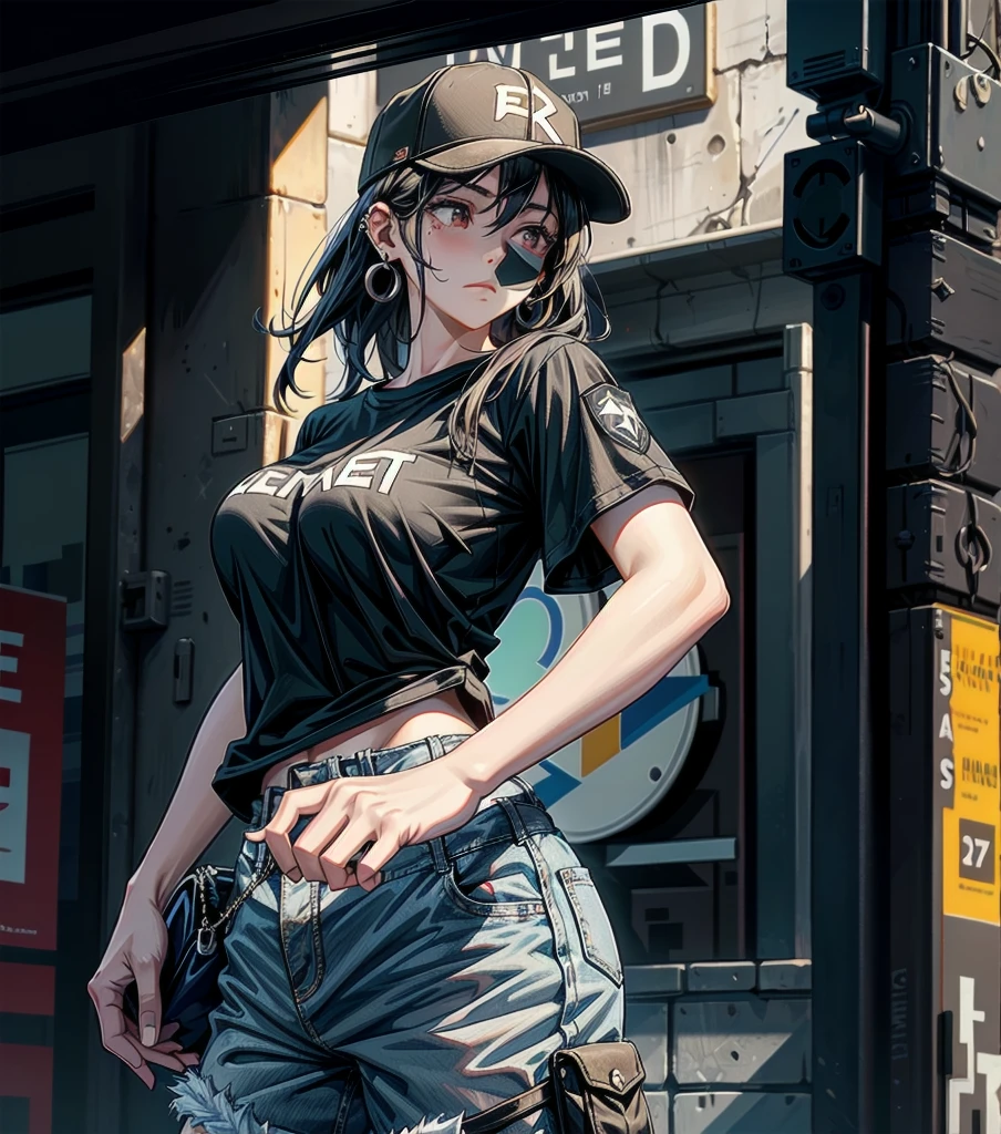 whole body, girl, big tits, medium hair, black hair, tearful mole, earring, baseball cap, black T-shirt, cargo shorts,