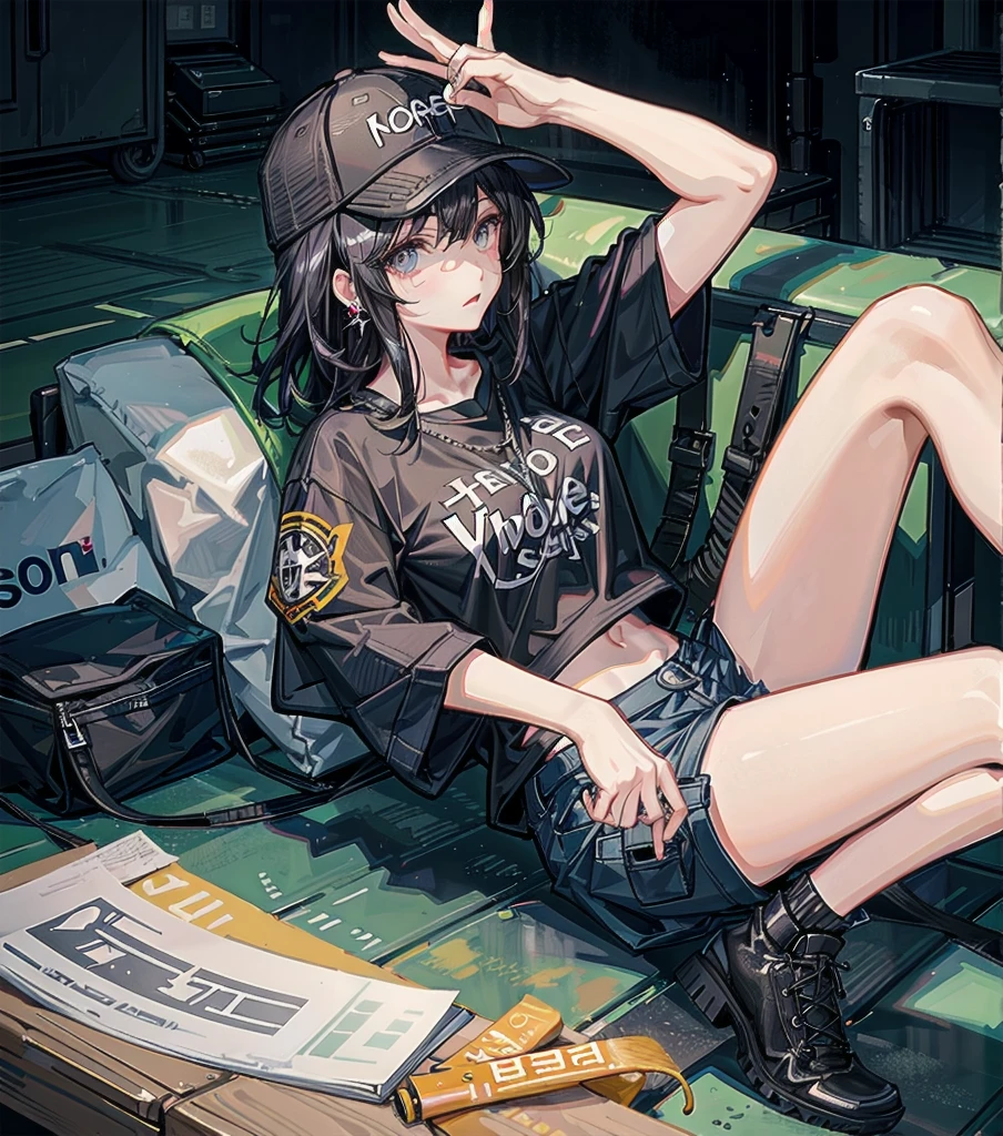 whole body, girl, big tits, medium hair, black hair, tearful mole, earring, baseball cap, black T-shirt, cargo shorts,