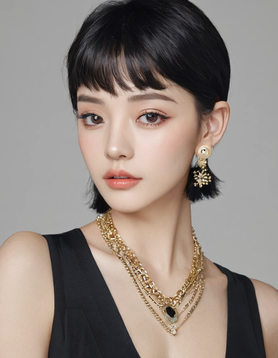 1girl, solo, looking at viewer, short hair, simple background, black hair, jewelry, earrings, parted lips, black eyes, lips, portrait