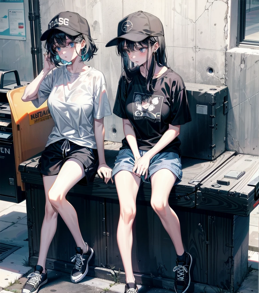 whole body, girl, big tits, medium hair, black hair, tearful mole, earring, baseball cap, black T-shirt, cargo shorts,