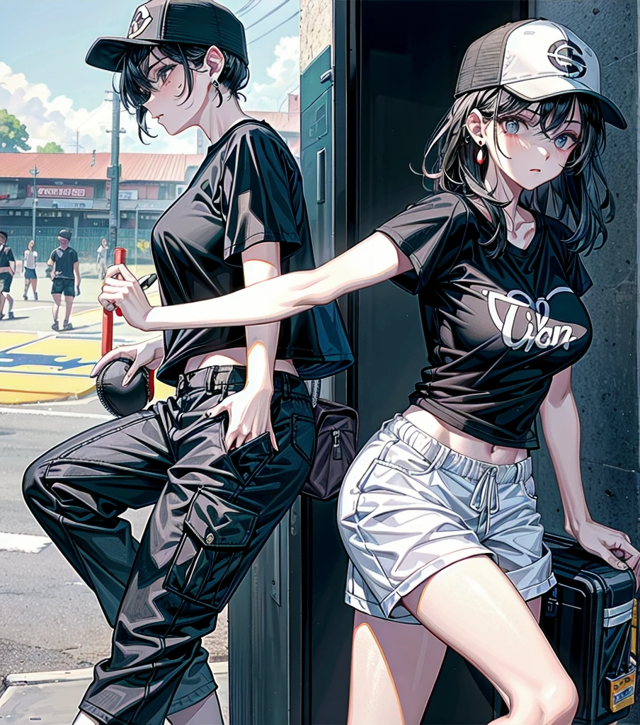 whole body, girl, big tits, medium hair, black hair, tearful mole, earring, baseball cap, black T-shirt, cargo shorts,