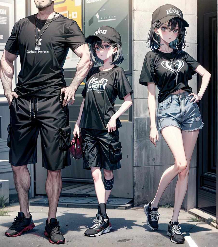 whole body, girl, big tits, medium hair, black hair, tearful mole, earring, baseball cap, black T-shirt, cargo shorts,