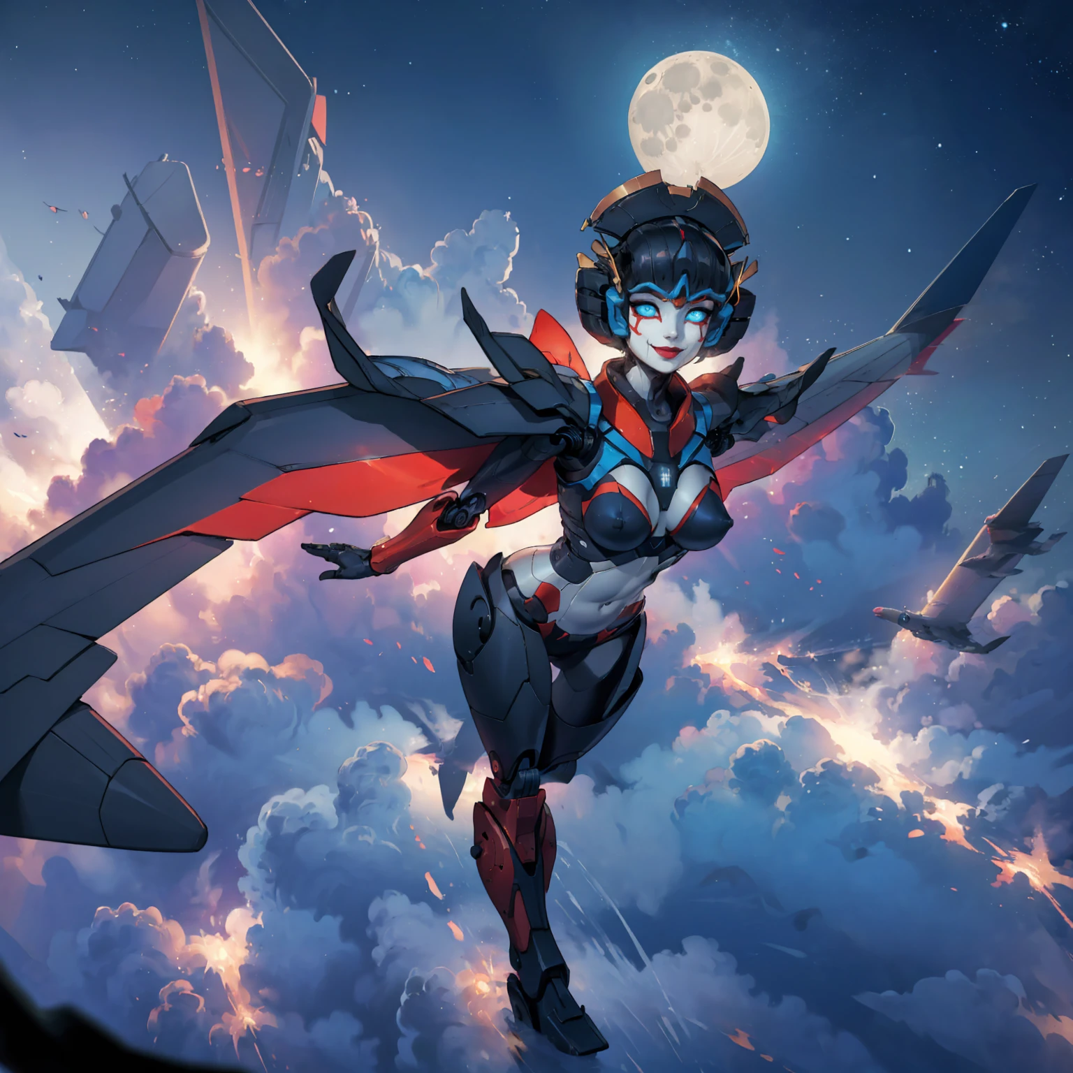 windblade, ((robot, mecha, glowing blue eyes, makeup, narrow waist, skinny, medium breasts, no_humans, autobot, wings)), pelvic curtain, ((black panties, black bra)), full body, perfect body, (insanely detailed, beautiful detailed face, masterpiece, best quality) , (((solo))), (((1robot))), (((mature))), (extremely detailed 8k paper CG wall unit: 1.1), (fly, Flying to the moon, night), (smile face for the viewer), airplane wing