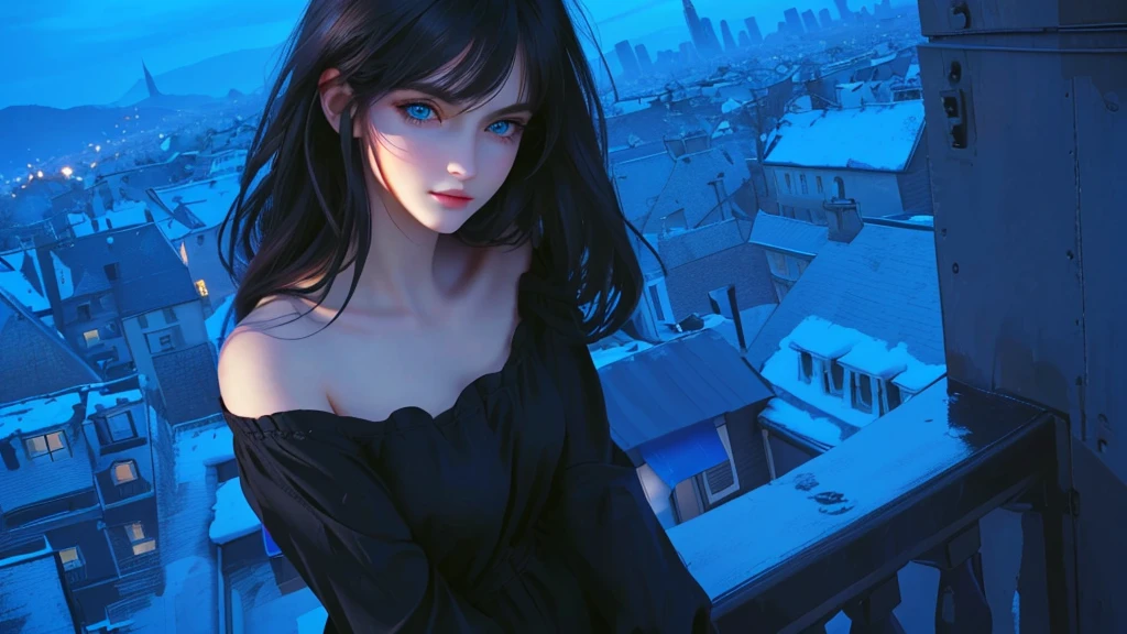 ultra-detailed, beautiful eyes, detailed eyes, detailed face, ultra-detailed, beautiful eyes, woman in black casual, Woman in casual, black, loose-fitting, Beautiful face gnawing strength, casual clothing with blue eyes standing on a rooftop overlooking the city, master piece, best quality, high resolution, 16k
