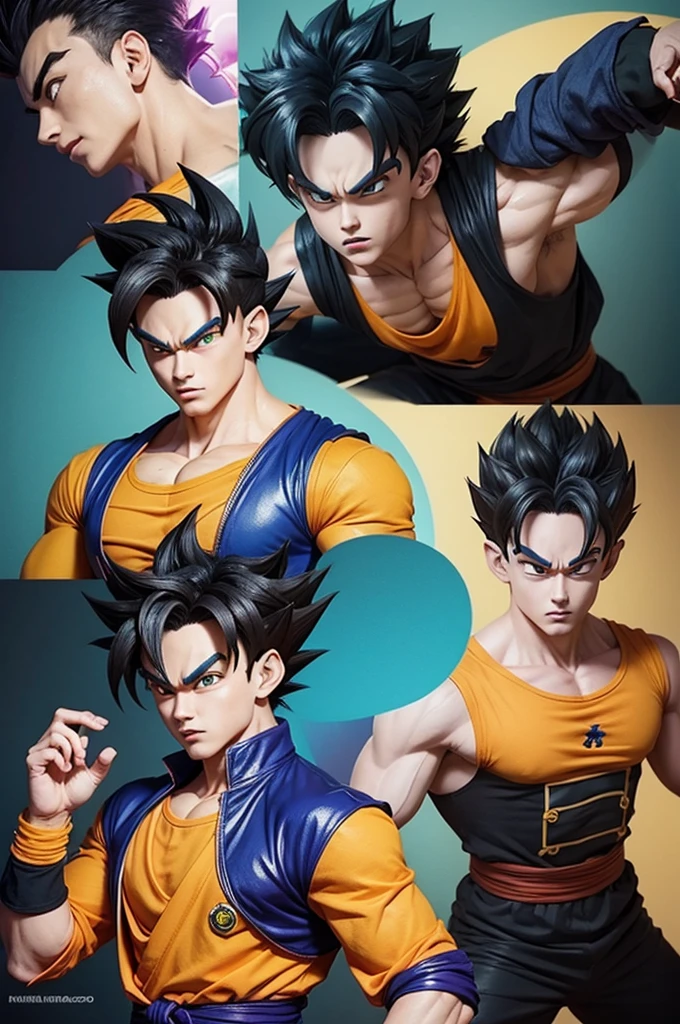 ((best qualityer)), ((work of art)), ((realisitic)) and ultra-detailed pPanasography, Caulifla, handsome boy Cauliflade de Dragon Ball Super, black spiky hair, handsome boy, light yellow hair, party, neon lig. He has ((black hair)), Crop Top Rosa, giant chest, very loose purple pants , ((beautiful and aesthetic)), sensuous, Panas