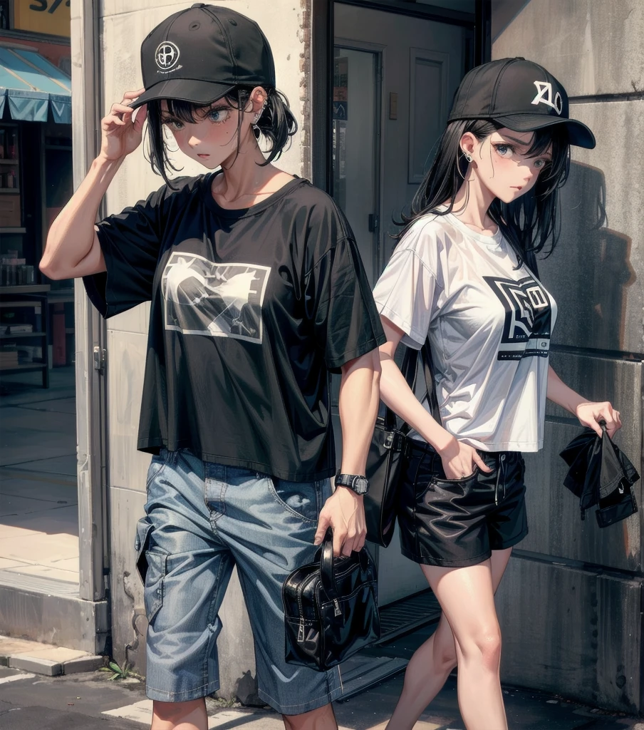 whole body, girl, big tits, medium hair, black hair, tearful mole, earring, baseball cap, black T-shirt, cargo shorts,