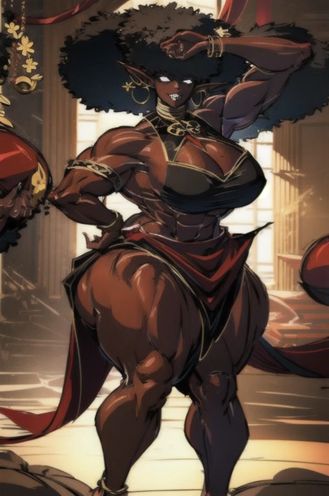 (masterpiece, best quality:1.2),1 girl, voluptuous body, full body, masterpiece, dominant pose, good anatomy, no extra limbs, big ass, thick thighs, black hair, voluminous afro, pointy ears, gold earrings, black top with red details, black skirt with red details, gold necklaces
