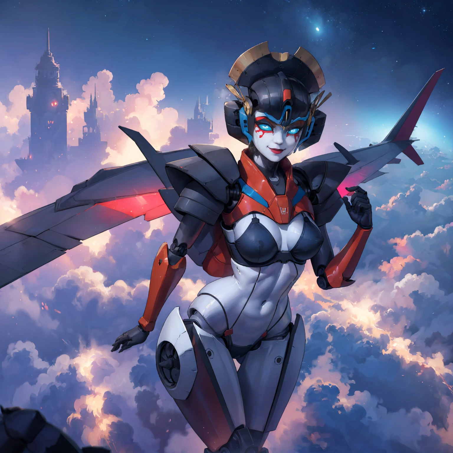 windblade, ((robot, mecha, glowing blue eyes, makeup, narrow waist, skinny, medium breasts, no_humans, autobot, wings)), pelvic curtain, ((black panties, black bra)), full body, perfect body, (insanely detailed, beautiful detailed face, masterpiece, best quality) , (((solo))), (((1robot))), (((mature))), (extremely detailed 8k paper CG wall unit: 1.1), (fly, Flying to the moon, night), (smile face for the viewer), airplane wing
